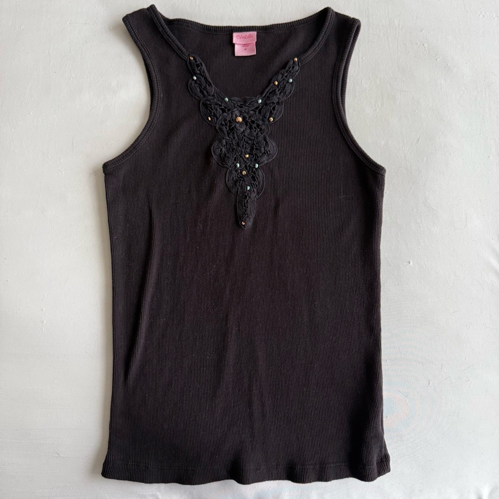 Y2K Brown Tank Top with Beaded Lace Detailing
